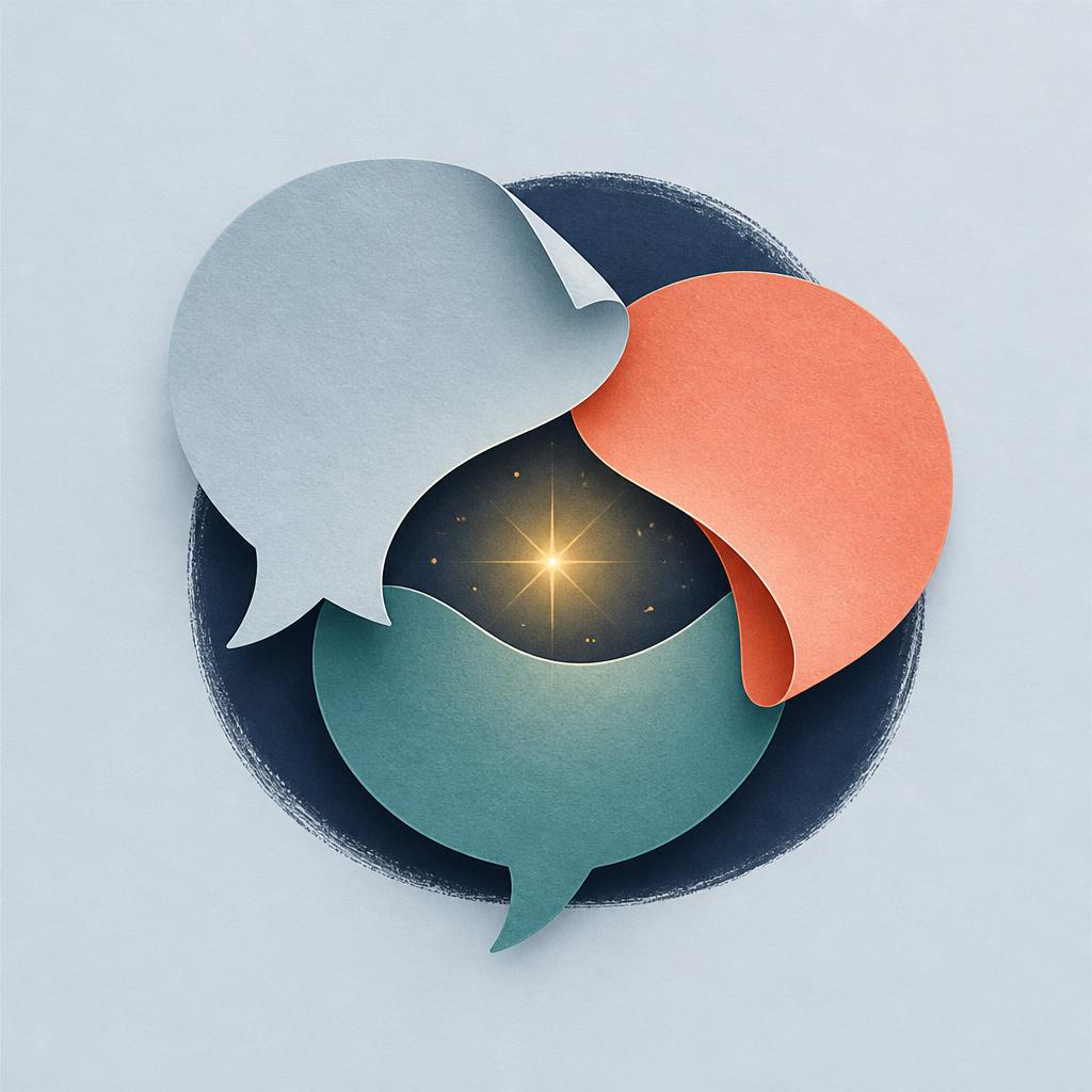 Three colorful speech bubbles gathered around a small light